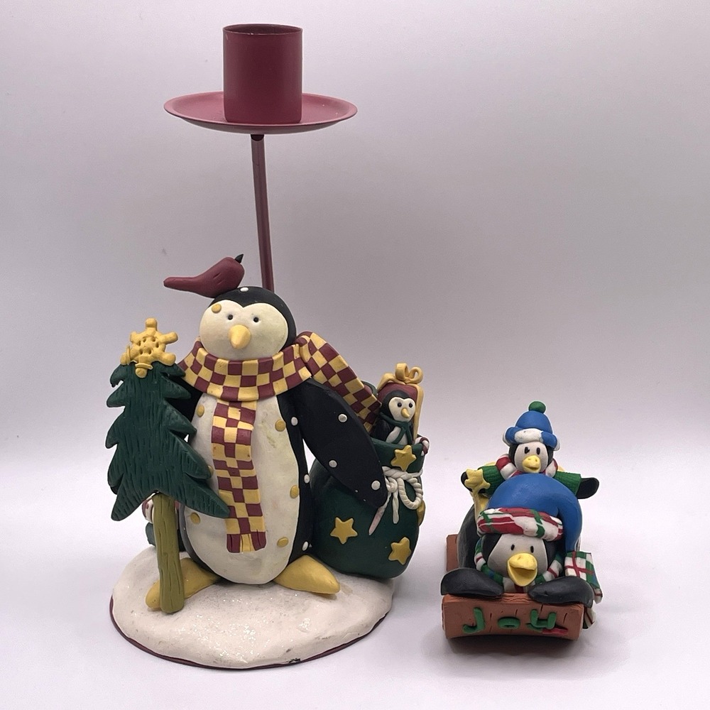 Decorative Winter Penguin Figurine And Candle Stick Holder Polymer Clay